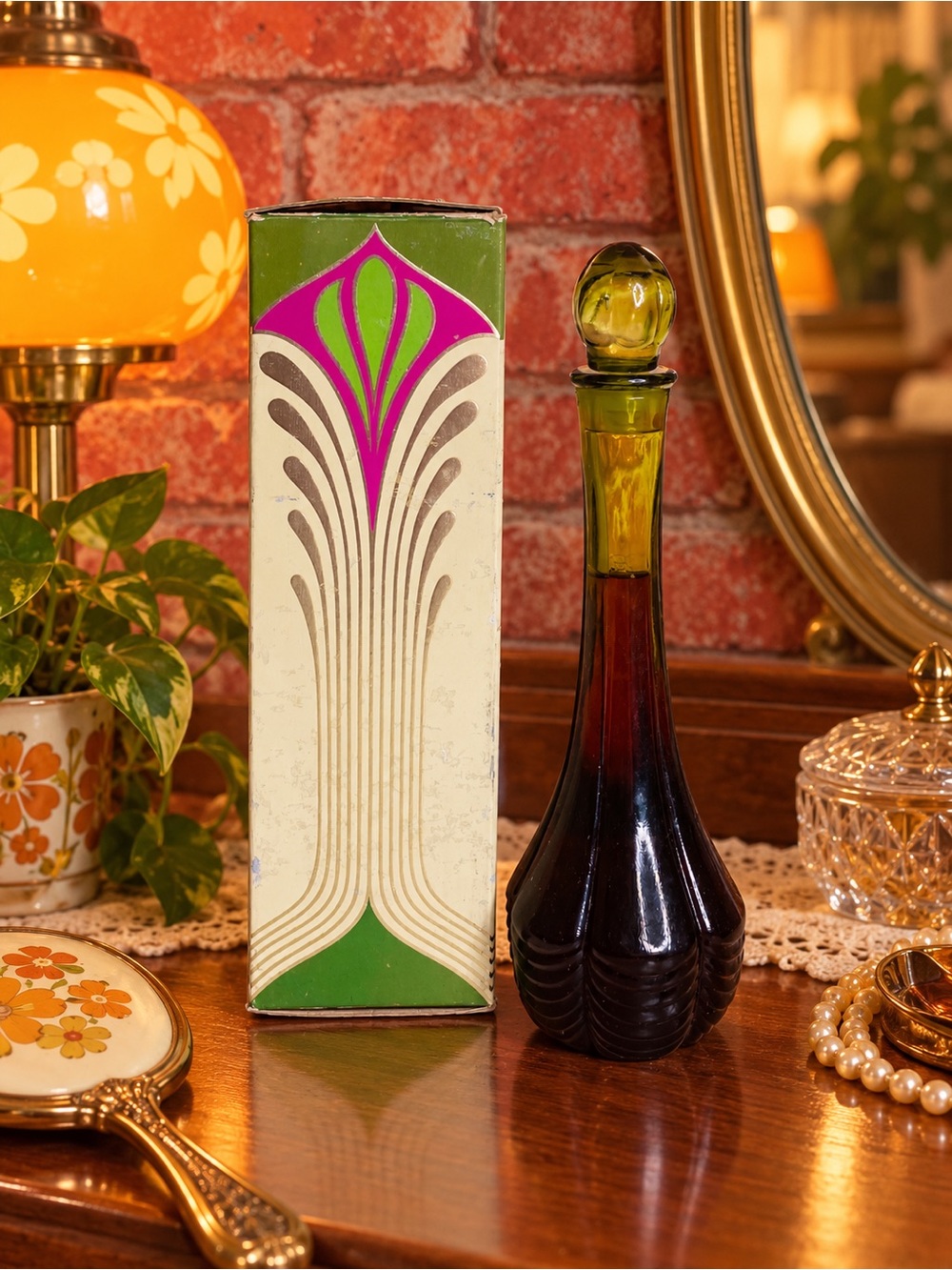 Vintage 70s Avon Sea Green Birds of Paradise Foaming Bath Oil Decanter